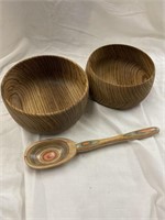 Two hand turned bowls and a spoon