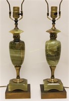 Pair Art Deco Green Onyx & Brass Table Lamps