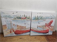 2 CANVAS Styled Dock Lake Scene Pictures@16inx16in