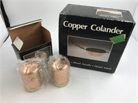 VINTAGE YET NEW IN BOX COPPER COLANDER AND SALT