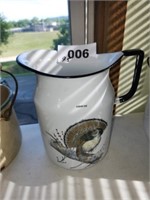 9.5" TALL WHTIE ENAMELWARE PITCHER W/ GROUSE