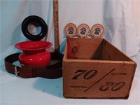 Wood Crate, Spittoon, Leather Belt, Firestone