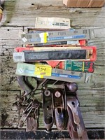 group of wood planars, antique keys, hack saw