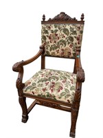 HEAVY CARVED NEEDLEPOINT OPEN ARM CHAIR