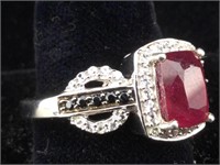 Sterling Silver Ring With Ruby and Black & White