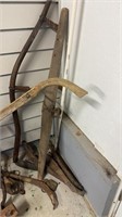 Seven antique wood farming implements, includes a