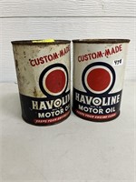 Pair of vintage Havoline motor oil cans