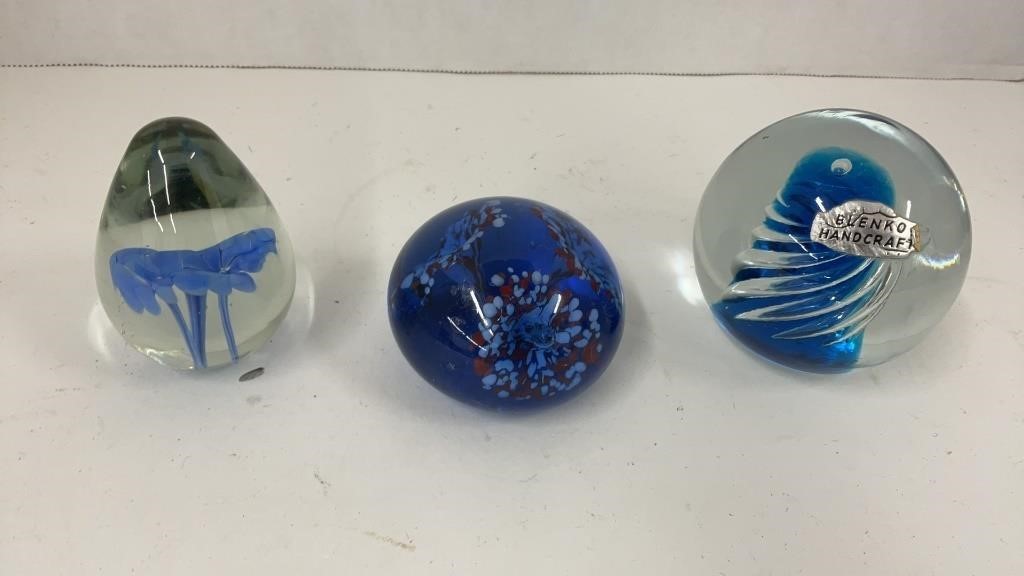 (3) blue paperweights, 1 is BLENKO with original