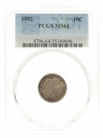 1892 US BARBER 10C SILVER COIN PCGS MS64