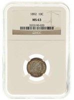 1892 US BARBER 10C SILVER COIN NGC MS63