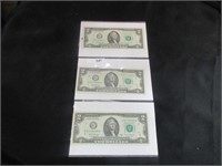 3 unc. 2 dollar bills in sequential number order