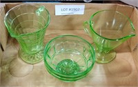 3 VASELINE GREEN GLASSWARE PIECES