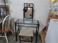 GLASS VANITY WITH ATTACHED MIRROR & STOOL