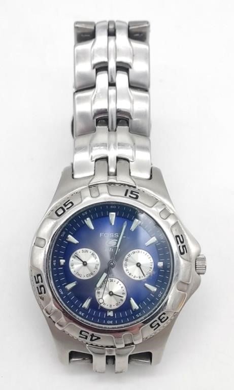 (II) Men's Fossil blue stainless steel watch.