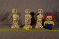 75: (3) ET porcelain figurines, Raggedy andy
