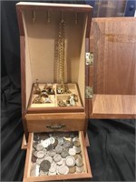 JEWELRY BOX OF VINTAGE COINS JEWELRY