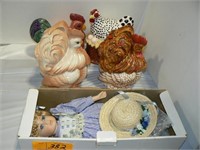 4 POTTERY CHICKEN AND ROOSTER COOKIE JARS, DOLL