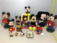 Vintage to newer mickey coin Banks, plush dolls
