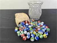Bag Of Glass Marbles in Etched Glass Jar
