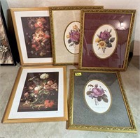 5 Pc Floral Framed Art Mixed Lot