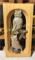 Hand carved wood owl pair - 14”