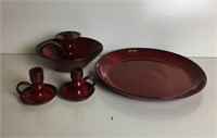 Red Pottery Plate and Candleholders