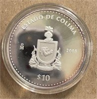 Mexico 2005 $10 pesos estado de colima proof .999