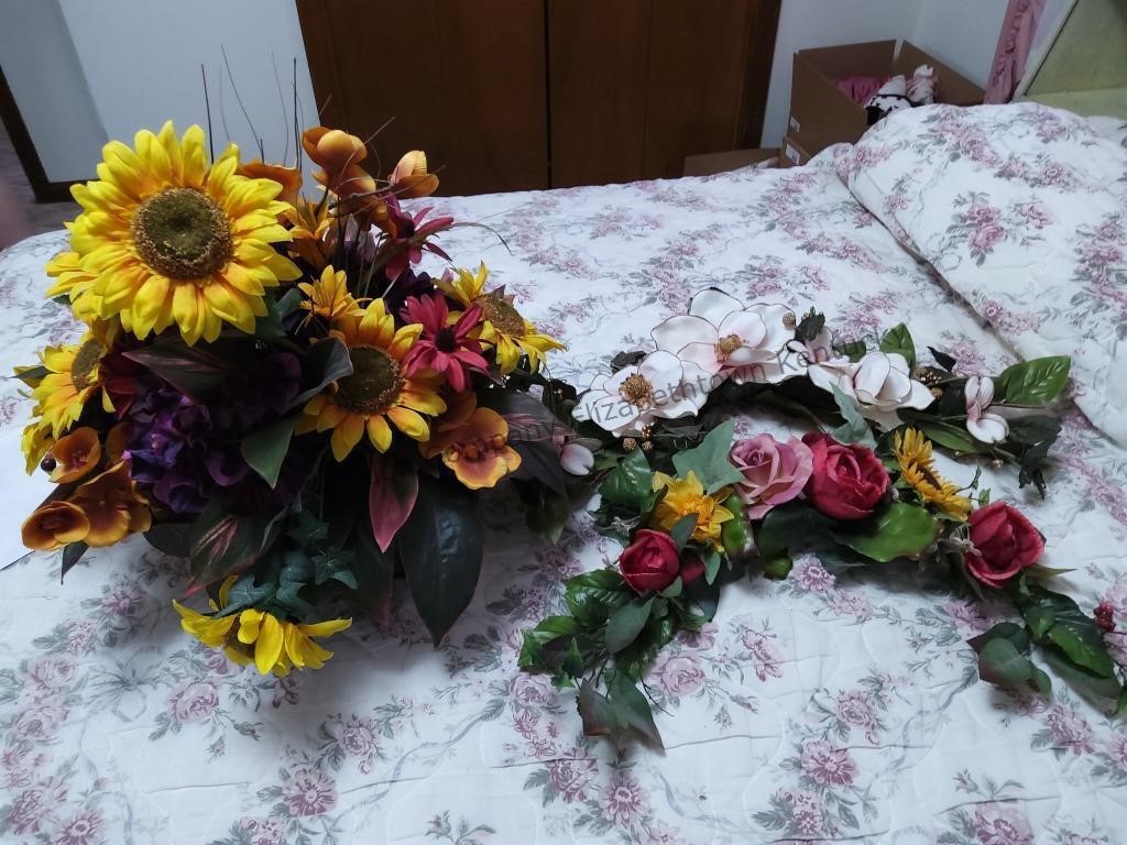 One box lot of two swags and flower centerpiece