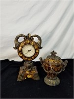 Decorative clock and compote set clock is approx 8