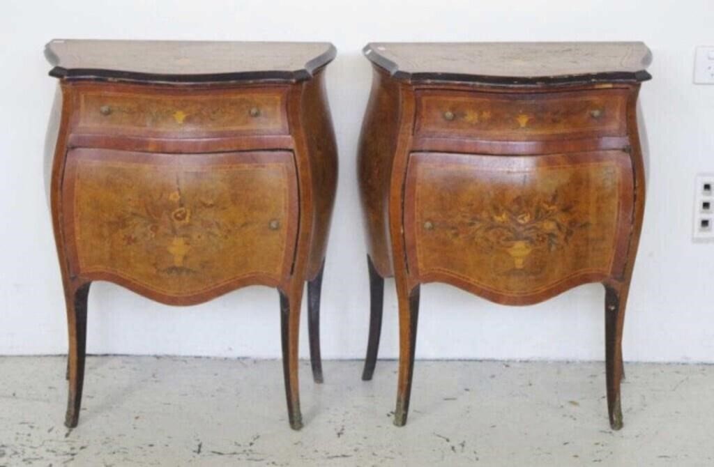Pair of Italian marquetry inlaid bedside cabinets