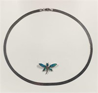 Sterling Herringbone Necklace & Dragonfly Pendant