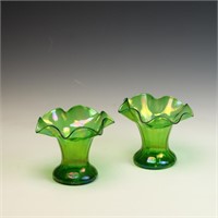 Mid Century Green opalescent ruffled top vases