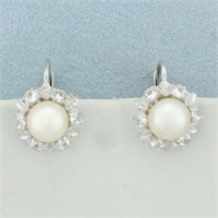 Cultured Pearl and CZ Earrings in 14k White Gold