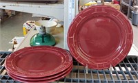 4 RED LONGABERGER POTTERY 10IN DINNER PLATES