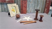 Assortment--spindles, spools, iron star, bell