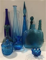 Blue art glass decanters and more