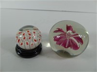 2 Glass Paper Weights  Pink Flower and  Red/White