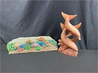 Wood carved dolphins, fish art Tile