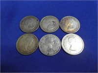 (6) Canadian Silver Quarters 1950's