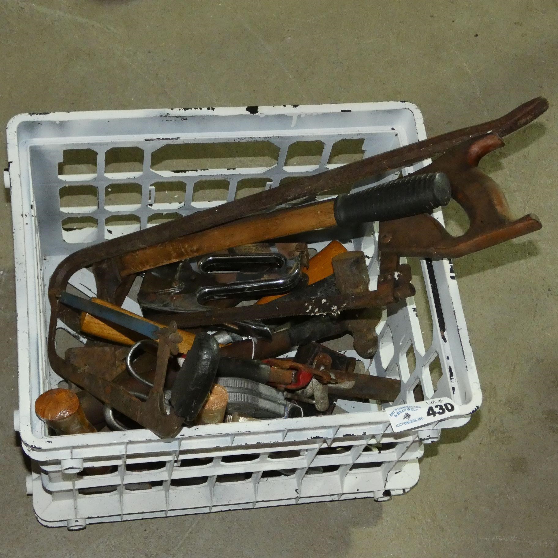Crate of Various Tools, Hammer, Stapler
