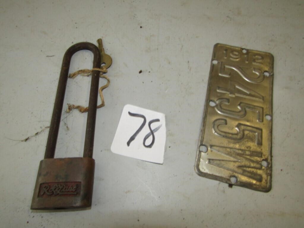 1912 MOTORCYCLE LICENSE PLATE , PAD LOCK