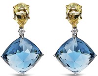 18k Two Tone 56.48ct Blue Topaz & Quartz Earrings