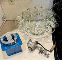 Punch bowl w/cups & plastic ladle; Sterno