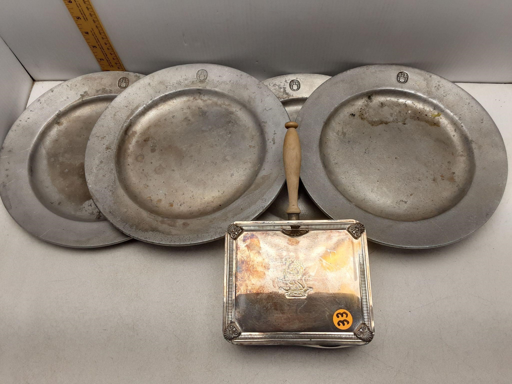 4 HEAVY PEWTER PLATES & DUTCH SILVER CRUMB CATCHER