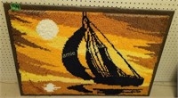 Mcm Sailboat Hooked Rug 38x26" Wall Art