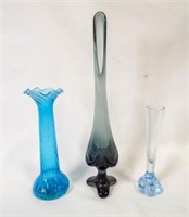 (3) Glass Vases - Smoke Gray MCM 3-Toed Drape