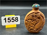 Asian Art Snuff Bottle - Carved Koi & Dragonfly
