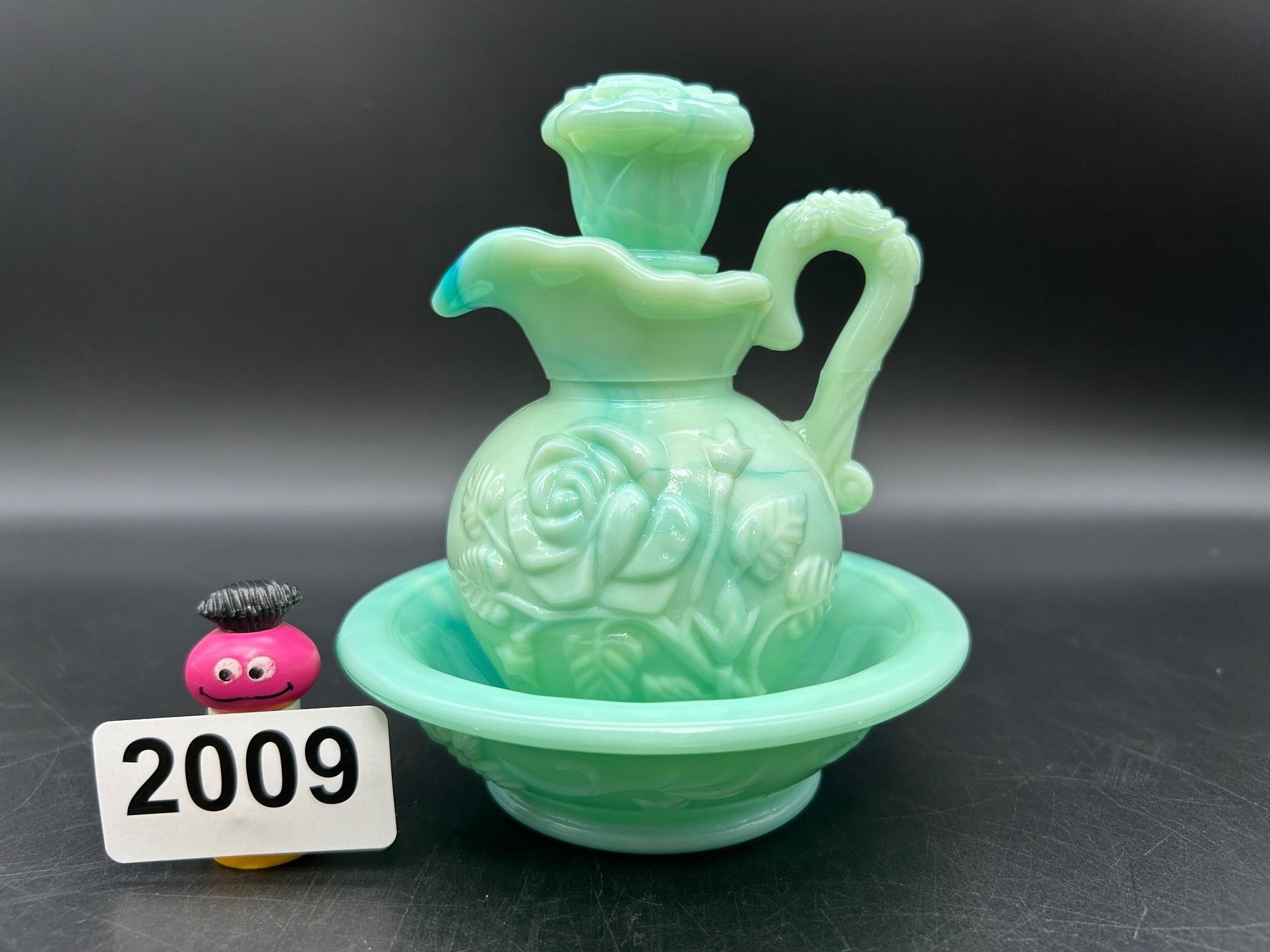 Green Slag Glass Pitcher & Bowl