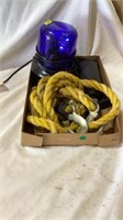 Emergency strobe, tow rope, air pump