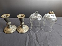 2 Pewter weighted candle holders& Glass Globes